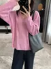 Caimento relaxado estilo coreano! Blusa de tricô macia e leve com design vazado e listras horizontais, uma blusa de lã solta e casual de manga longa para o outono