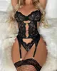 Bodystocking Erótico Transparente de Encaje con Escote Profundo sin Tirantes y Cordones, Bodystocking Sexy de Encaje para Mujer, Superventas Transfronterizo de Amazon