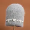 2025 Novo Chapéu de Lã Tricotado Quente Cor Sólida Vento Leve Simples com Decoração de Pérola Coração Misturado com Pelo de Coelho