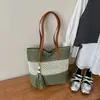 Bolsa Tote Casual Color Block Tecida em Palha Versátil Estilo Fresco Artístico Bolsa de Ombro para Viagem e Dia a Dia para Mulheres