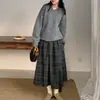 Falda Media de Lana a Cuadros para Mujer Otoño Invierno Nueva Retro Estilo Academia Plisada Cintura Elástica Falda Larga Casual Falda de Línea A