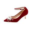 Zapatos de Boda Rojos de Tacón Alto para Mujer 2024 Nuevo Estilo de Tiras con Cuentas Nupcial Brindis Xiuhe Vestido de Boda Dos Usos Flats Cómodos