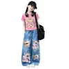 Conjunto de Verano para Niñas 2026 Nuevo Estilo Coreano de Moda Casual Dibujos Animados Jeans Conjunto de Dos Piezas para Niños Mayores