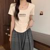Camiseta Manga Curta Gola Quadrada Damasco Feminina 2024 Nova Verão Algodão Emagrecedor Estampada Irregular Top Curto Interno