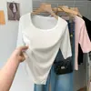 Camiseta de Punto Fino Acanalado Estilo Coreano Diseño Moderno Manga de Cinco Puntos Adelgazante Versátil Cuello Redondo para Mujer