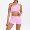 Nuevo Traje de Yoga de Dos Piezas para Mujer Transfronterizo Europeo y Americano de Nailon Lijado de Doble Cara con Un Hombro Oblicuo Único para Deportes, Correr y Fitness