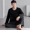 Pijama coreano de algodón puro para hombre, de manga larga y pantalón largo, para otoño e invierno, 100% algodón, cuello redondo, casual, corte holgado, adecuado para usar fuera de casa, conjunto para el hogar