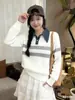 Estilo Coreano e Japonês Conjunto de Duas Peças Outono e Inverno Novo Suéter de Malha com Gola Jeans Feminino Solto Listrado Emagrecedor Camiseta Base Top