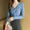 Moda Outono Nova Exportação Tricô Feminino Manga Longa Gola V Tops Interno e Externo Camiseta Slim Camisa Base
