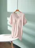 Camiseta fina de modal con cuello en V y manga corta, con copas en el pecho, longitud extendida, talla grande para mujer, top que cubre la cadera, camiseta base lisa de manga corta