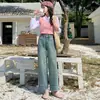 Jeans Rectos Estrechos Retro Color Claro para Mujer Verano Cintura Alta Adelgazante Diseño de Nueve Puntos Pequeño Pantalones de Pierna Ancha con Volante