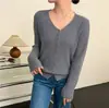 Cardigã de malha elegante com decote em V, estilo francês, para mulheres, nova peça de outer wear de outono/inverno de manga comprida, caimento solto, suéter liso