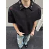 Camisa Polo Bordada Tie-Dye Negra de Manga Corta para Hombre Verano Retro Pesada Estilo Americano Fresco Top de Media Manga