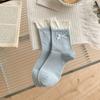 Calcetines Dulces de Estilo Coreano con Lazo para Mujer, Calcetines Finos de Media Pantorrilla con Volantes para Primavera y Otoño con Encaje de Bloqueo de Color y Calcetines Apilados