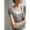 Tienda Insignia Dan Nong de Shanghái/Suéter de Punto Rayado de Manga Corta con Cuello en U Grande para Mujer, Top de Verano Ajustado