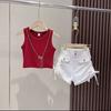 Traje de chaleco y shorts estilo coreano para niñas, moda para niños medianos y grandes, pantalones cortos de tiro alto a la moda, diseño con cordón, nuevo estilo de verano 2025