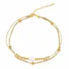 Pulsera de aleación chapada en oro para mujer, cadena de doble capa, cuentas redondas blancas, 16.5-17 cm, líneas geométricas electrochapadas, moderna para OL