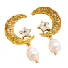 Brincos Pendentes de Estrela e Lua com Pedras Preciosas Transfronteiriços para Mulheres, Brincos Elegantes Estilo Corte Retro, Atacado
