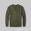 2025 Primavera Hombre Algodón Puro Lavado Cuello Henley Manga Larga Hombre Cuello Redondo Color Sólido Capa Base Camiseta