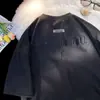 Camiseta Retro de Manga Corta de Ante con Letra Bordada de Marca Vintage de Moda para Hombre Hiphop Americano Suelta de Media Manga