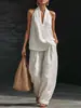 Estilo Old Money Conjunto de Linho Feminino Verão Solto Gola V Manga Curta Calça Wide Leg Conjunto de Duas Peças Sensação Preguiçosa Relaxada