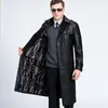 Jaqueta Masculina de Inverno de Alta Qualidade com Forro de Lã e Couro Genuíno, Casaco Trench Coat Masculino Estilo Longo Haining, Gola de Terno em Couro Macio