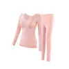 Conjunto térmico de lana y seda con almohadillas en el pecho, cuello en V, ribete de encaje, forro polar, ropa interior térmica engrosada, top y pantalón de otoño para mujer