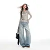 Jeans Rectos Lavados Estilo Americano Azul Claro para Mujer, Nuevo 2026 Cintura Baja Sueltos Adelgazantes Pierna Ancha Pantalones de Piso