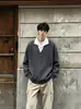 Sudadera con Capucha de Dos Piezas Falsas con Patrón de Espiga de Trigo para Hombre Otoño Cleanfit Patchwork Cuello Solapa Alta Inteligencia Pareja Manga Larga