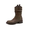 Estilo casual~ Botas de cano médio com salto grosso e bico redondo retrô, botas de cavaleiro com salto grosso de 4 cm, novas botas Martin empilhadas femininas para outono e inverno