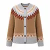 Cárdigan de punto jacquard nórdico con cuello redondo para mujer, suéter vintage de Amazon con borde acanalado, abrigo de corte holgado