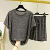 Traje de punto para mujer de verano, cuello redondo, manga corta, hilo floral, pijama suelto, fino, talla grande, shorts, traje casual de dos piezas
