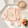 Conjunto de Duas Peças Casual Doce para Bebê Menina - Top com Gola Redonda e Mangas Longas Estampado de Gatinho com Flores Pequenas - Roupas de Meia-Estação e Outono