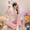 Pijama Nuevo de Manga Larga para Mujer Otoño 2026, Tela Elástica a Rayas, Similar al Algodón, Conjunto de Ropa de Casa Dulce de Niña con Cuello Redondo, Estilo Delgado