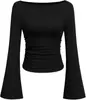 Camiseta Sexy de Color Puro con Escote Barco y Mangas de Campana para Mujer, Estilo Europeo y Americano, Otoño 2025, Corte Ajustado, Fruncido para un Aspecto Adelgazante, Manga Larga