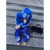 Pantalones de chándal azules estampados, holgados, de estilo callejero americano, unisex, diseño casual suelto, versátiles, deportivos, hasta el suelo
