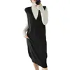 Vestido de Outono 2021 Estilo College Colete Longo de Tricô Vestido Solto Acima do Joelho Elegante Peça de Sobrepor Vestido Colete Estilo Irmã Real