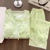 Pijama Estilo Princesa para Mulheres, Primavera/Outono, Bojos Finos Embutidos, Renda de Algodão Nuvem, Conjunto de Roupa de Casa com Blusa de Manga Longa e Calça Longa