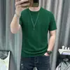 Camiseta de Seda para Hombre Corte Ajustado Ice Cool Estilo Nuevo Manga Corta Color Sólido Casual Cuello Redondo Tejido Rayas Verticales Simples Verde