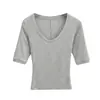 Camiseta Corta de Manga Media Hombro Caído Cuello en U Ajustada para Mujer Color Sólido Estilo Chica Francesa Caliente Top de Manga Corta para Mujer Verano SY9039