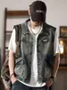 Colete jeans de primavera para homens, estilo retrô vintage, tamanho grande, colete sem mangas, workwear com bolsos grandes, jaqueta da moda
