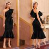Nuevo Vestido de Estilo de Comercio Exterior Europeo y Americano, Vestido Negro de Longitud Media con Diseño de un Solo Hombro, Elegante Vestido de Cintura Media