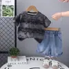 Moda Infantil Estilo Coreano Traje de Niño de Manga Corta Nuevo Bebé Verano Ola Raya Ancha Rasgado Traje de Bebé de Manga Corta