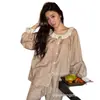 Pijama de Algodón Puro de Manga Larga con Cuello Redondo y Flores Pequeñas para Mujer, Estilo Nuevo, Dibujos Animados, Sencillo y Cómodo, Conjunto de Ropa para el Hogar para Mujer