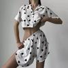 Cárdigan Crop Top con Estampado de Amor Transfronterizo Europeo y Americano de Manga Corta Conjunto de Dos Piezas de Ropa de Dormir Sexy para Mujer
