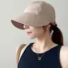Sombrero de Pescador Versátil Estilo Coreano Nuevo para Mujer Verano Protección Solar Cara Adelgazante Sombrero de Pico Sombrero de Sol con Cubrebocas Rayado Liso