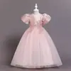 Vestido Largo Formal para Niñas Europeas y Americanas, Vestido con Diamantes Hecho a Mano, Vestido de Princesa de Malla con Mangas Cortas Abullonadas, Vestido para Fiesta de Cumpleaños