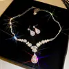 Aretes Cuadrados con Incrustaciones de Diamantes, Collar, Retro, Elegante, Exquisito, Cadena de Clavícula a la Moda, Lujo Ligero, Set de Joyería de Alta Gama