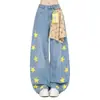 Jeans largo com estampa de estrelas estilo retrô americano para mulheres, novo estilo outono 2026, calça versátil moderna de cintura alta e corte solto