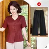 Traje de Verano Jacquard Satín Manga Corta para Madre de 50 Años Estilo Chino Extranjero Camisa Venta al por Mayor